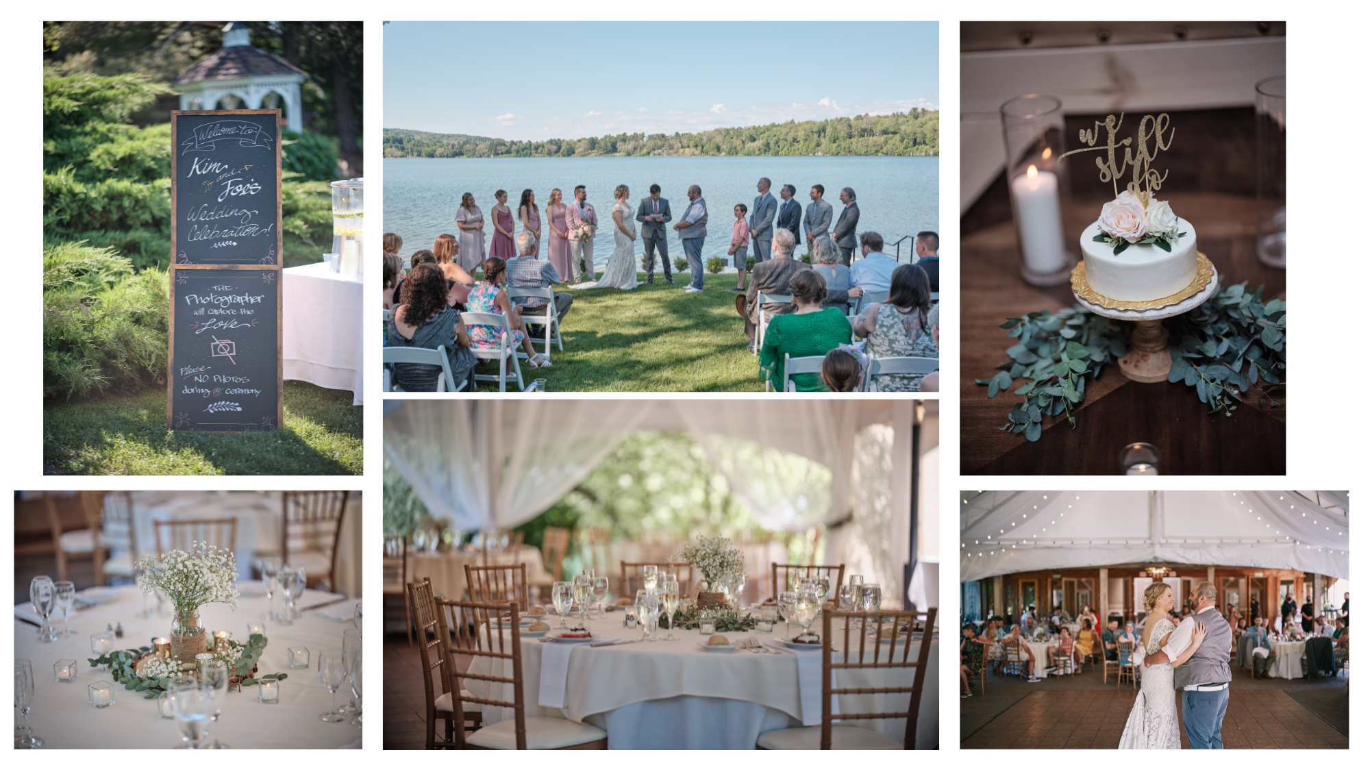 wedding collage with photos of settings, ceremony, and reception